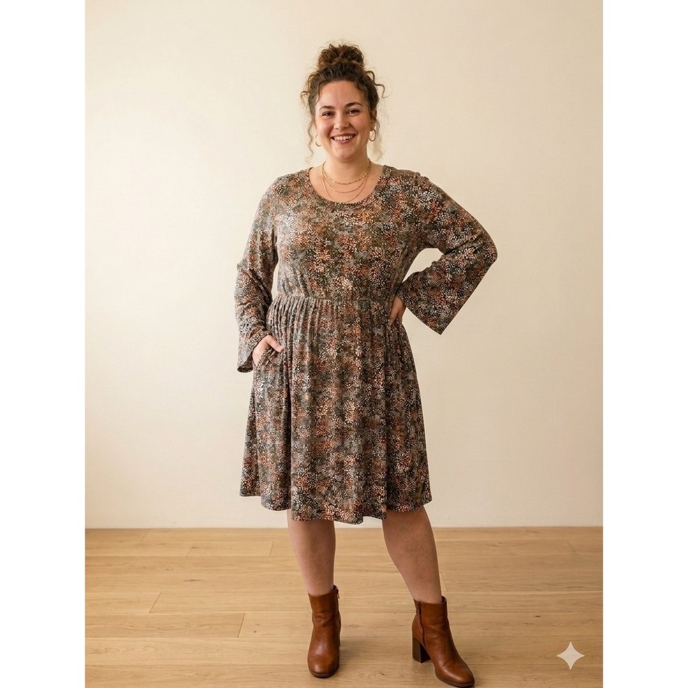 Haptics by Holly Harper Stretch Babydoll Dress 2X Pockets Swing Shift Long Sleev
